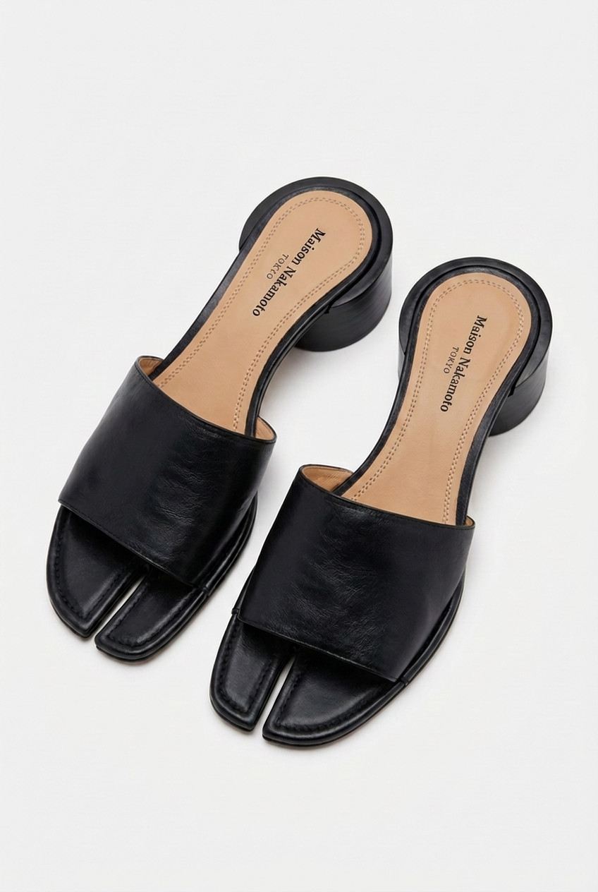 Tabi Sandals Heel - black vegan leather split-toe heeled sandals by Maison Nakamoto