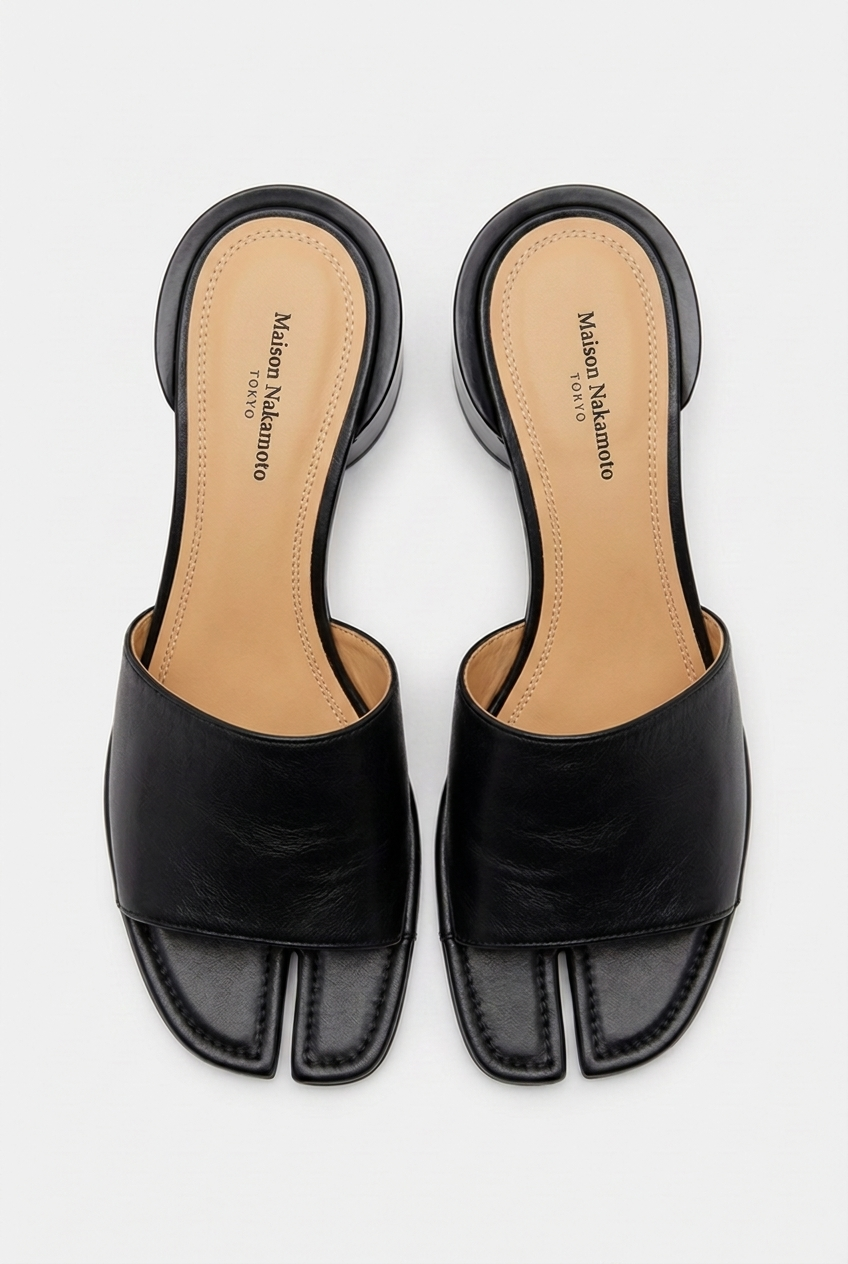 Tabi Sandals Heel - black vegan leather split-toe heeled sandals by Maison Nakamoto