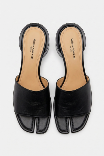 Tabi Sandals Heel - black vegan leather split-toe heeled sandals by Maison Nakamoto
