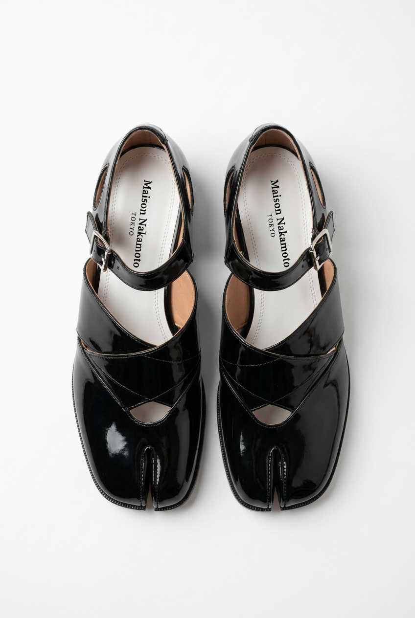 Tabi Shiny - black patent vegan leather split-toe flats by Maison Nakamoto