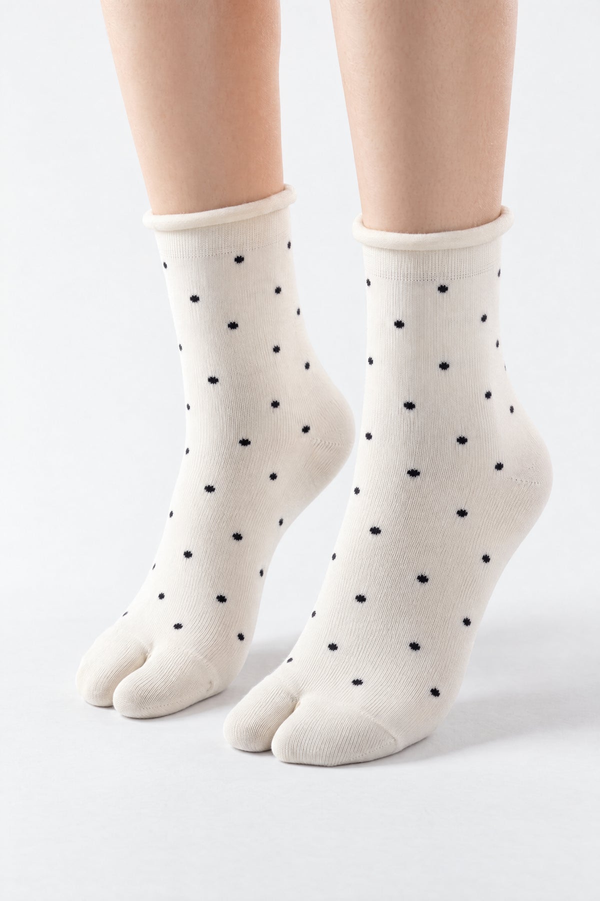 Tabi Dot Socks worn, ivory tabi socks with black dots
