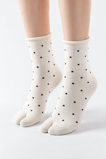 Tabi Dot Socks worn, ivory tabi socks with black dots
