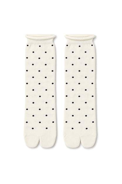 Tabi Dot Socks, ivory tabi socks with black dots by Maison Nakamoto