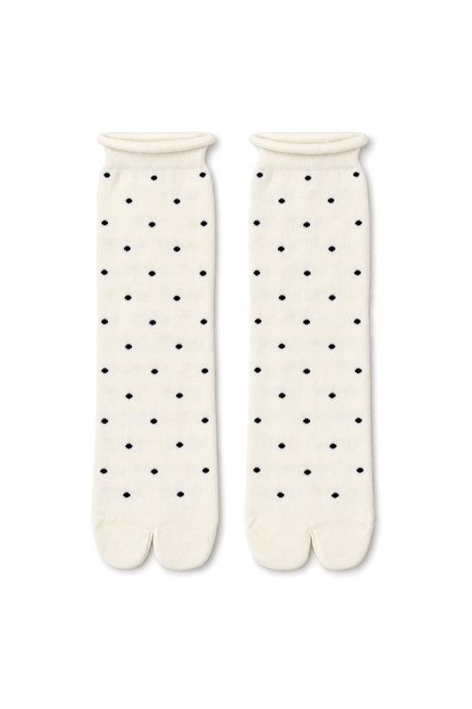 Tabi Dot Socks, ivory tabi socks with black dots by Maison Nakamoto