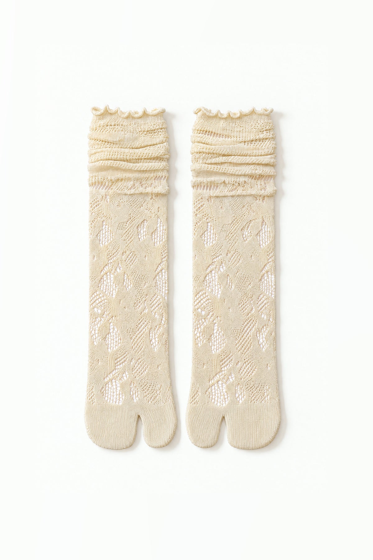 Tabi Lace Socks in beige, pair laid flat